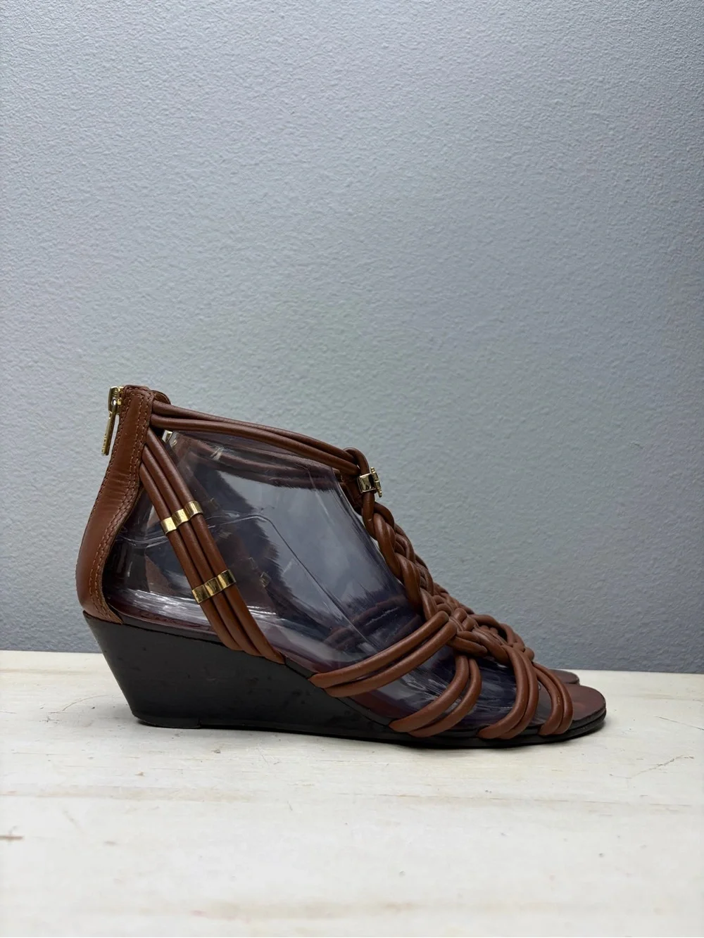 Tory Burch Brown Leather Constance Braided Wedge Sandals Size 8.5